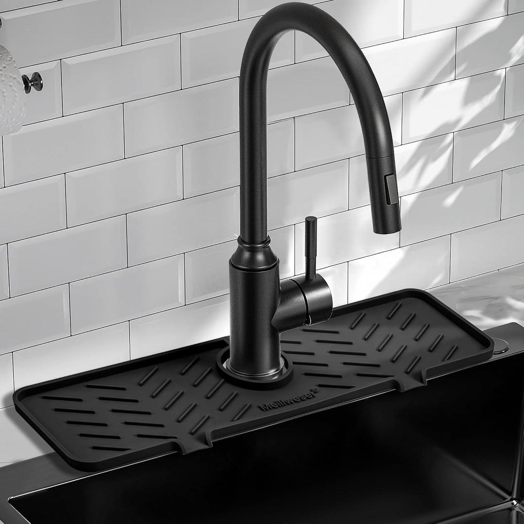 Silicone Faucet Mat for Kitchen Sink  Gen 2 Splash Guard with Upgraded Outlet & Slope  18 x 5.1 Water Catcher & Sink Sponge Holder for Kitchen and Bathroom (Black)