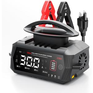 30 AMP Battery Charger, 6V/12V/24V Lead-Acid, Lithium, LiFePo4 Smart Battery Charger, Portable Large Screen Trickle Charger, Fully Automatic Chargers and Maintainer for Car, Motorcycle, Lawn Mower (Black)