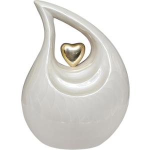 Urn for Ashes Cremation Memorial Funeral Teardrop Jar Love Urns Decorative Human Adult Child (White- Golden Heart, 12") RT02-03