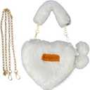Faux Fur Evening Handbags Heart Shaped Clutches for Women Fluffy Shoulder Bags Metal Chain Strap (White)