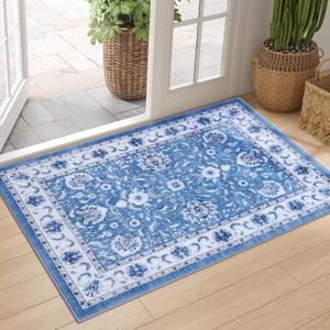 Smiry Floral Area Rug, 2x3 Vintage Print Pattern, Machine Washable Non-Slip Floor Carpet, Low Pile Throw Rugs for Living Room, Bedroom, Dining Room, Laundry Indoor Home Decor, Blue