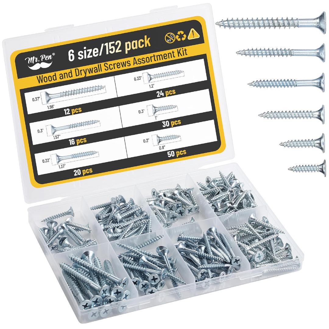 Mr. Pen- Wood Screws Assortment Kit, 152 pcs, Silver, Phillips Flat Head, 6 Sizes (2", 1-1/2", 1-1/4", 1", 3/4", 1/2"), Durable Assorted Wood Screws for Woodworking & Household, Storage Box Included