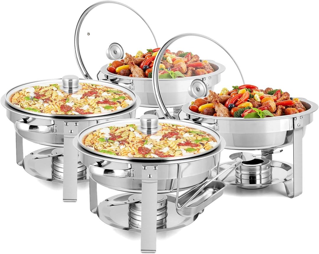 ROVSUN 5 Qt 4 Pack Chafing Dishes for Buffet, NSF Stainless Steel Round Chafers for Catering, Buffet Servers and Warmers Set with Glass Lid & Lid Holder, Stackable Design for Wedding Party Event