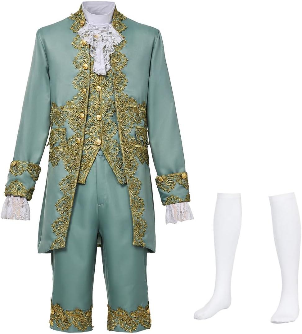 CAMDOM Mens Victorian Costume Suit Medieval Rococo Court Style Prince Cosplay Outfit Set Cosplay Fancy Dress (Medium, Green)