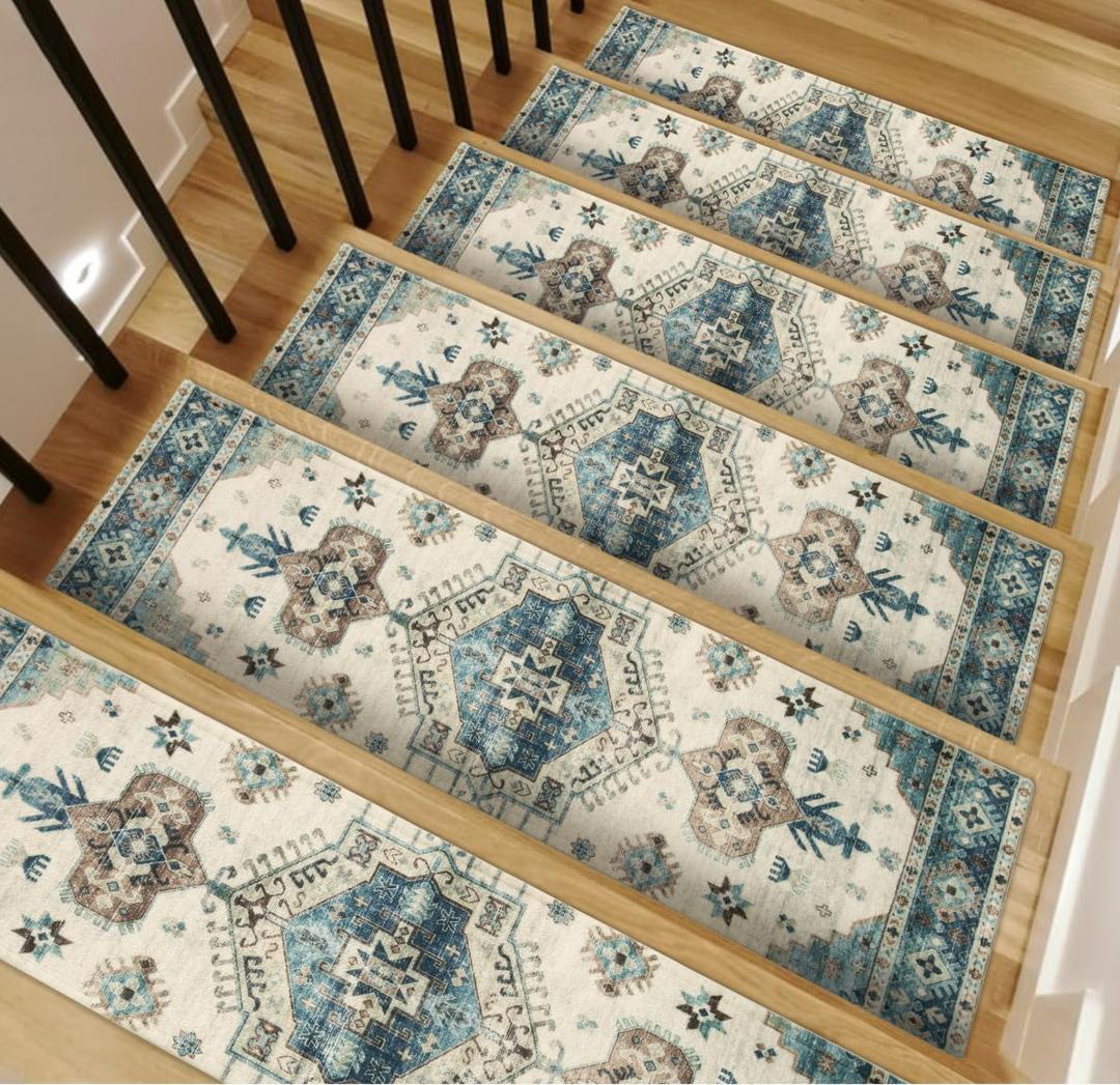 Carpet Stair Treads for Wooden Steps: 15 Pack 30"x8" Stair Carpet Non Slip Peel and Stick Stair Treads Indoor Washable Safety Stair Runner for Kids Elders and Dogs (Blue-251)
