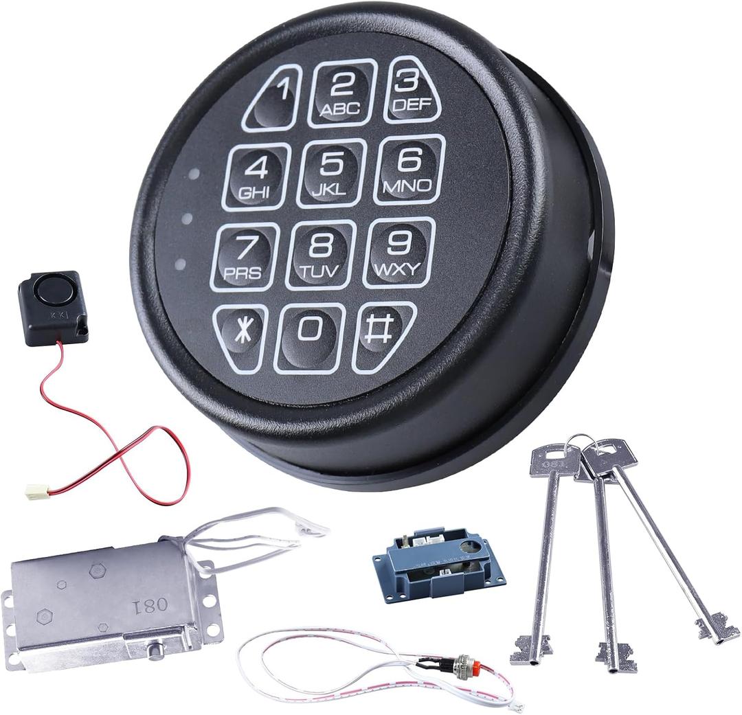 Black Gun Safe Lock Kit  Electronic Keypad with Solenoid Lock, 2 Override Keys, Reset Cable, Circuit Board & Alarm Horn  Universal Replacement for Safe Boxes & Rifle Safes