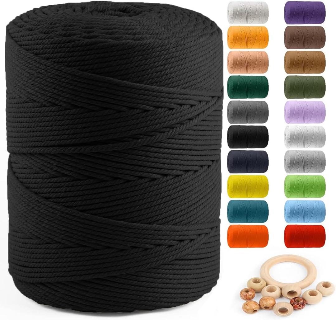 Macrame Cotton Cord 4mm x 547yds, ZUEXT Natural Handmade Black Braided Cords 4 Strands Knitted Rope String for Craft Wall Hanging Weaving Tapestry Dream Catchers Hanger DIY Gift (500m)
