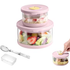 Glass Food Storage Containers with Airtight Lids, 33.8oz & 11.8oz High-Borosilicate Glass Meal Prep Containers with Spork, Bento Lunch Boxes for Salad, Ramen, Soup, Snacks, Fruit - 2 Pack, Pink