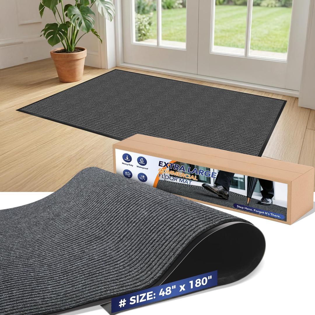 Commercial Floor Mat, 4 x 15 FT Extra Large Door Mat, Indoor/Outdoor Entrance Mat, Commercial Rug with Water & Stain Proof, Easy to Clean, Low-Profile, Heavy Duty Rubber Mat, Charcoal Grey