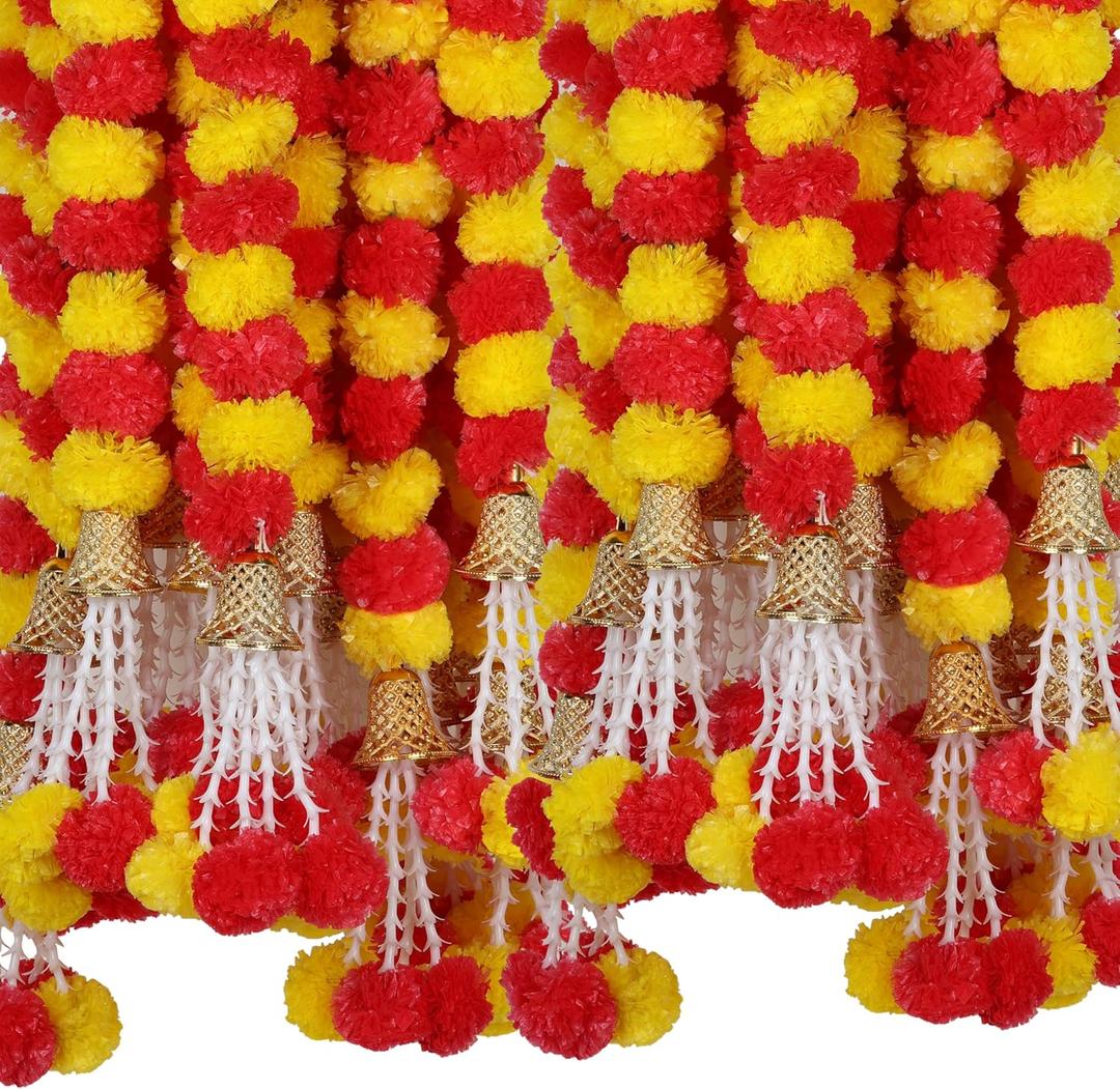 Marubhumi Artificial Marigold Flower Strands Garland for Diwali Decor,5 Feet Long Strands, Garland for Decoration, Diwali Decorations for Home, Christmas Decor Wedding Decor, Yellow & Red - 5 PCS