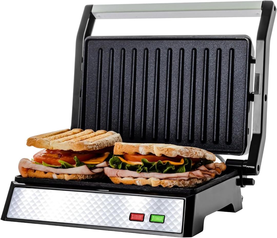 OVENTE Electric Panini Press Sandwich Maker with Non-Stick Coated Plates, Opens 180 Degrees to Fit Any Type or Size of Food, 1000W Indoor Grill Perfect for Quesadillas, Burgers & More, Silver GP0620BR