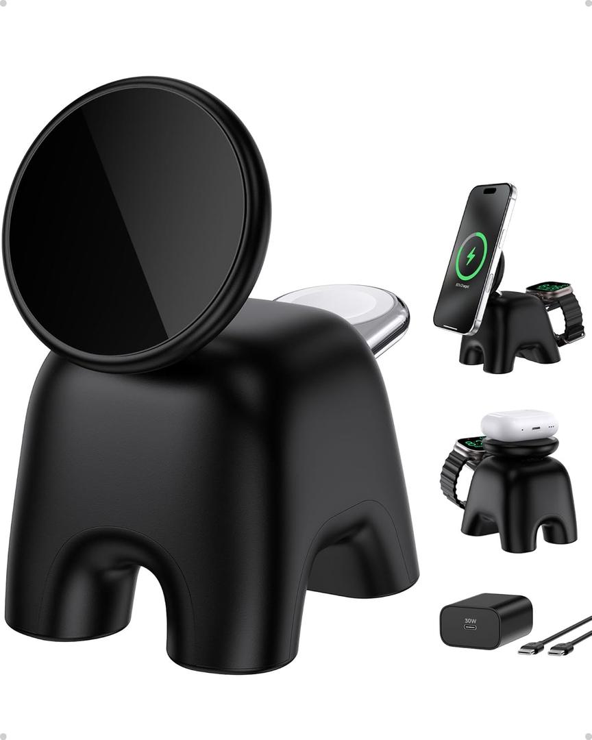 2026 Magnetic Wireless Charging Station, 15W Ultra-Fast Charger Stand for iPhone 17 16 15 14 13 12 Pro Max, 5W for Apple Watch&Airpods, 2-in-1 Foldable Charger for Home/Office/Travel(with 30W Adapter) (Black)