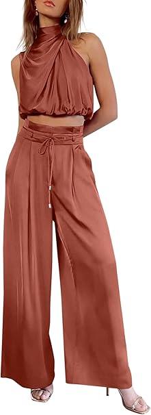 PRETTYGARDEN Women's 2 Piece Outfits 2025 Summer Casual Sleeveless Mock Neck Crop Tops Wide Leg Pants Set
 L