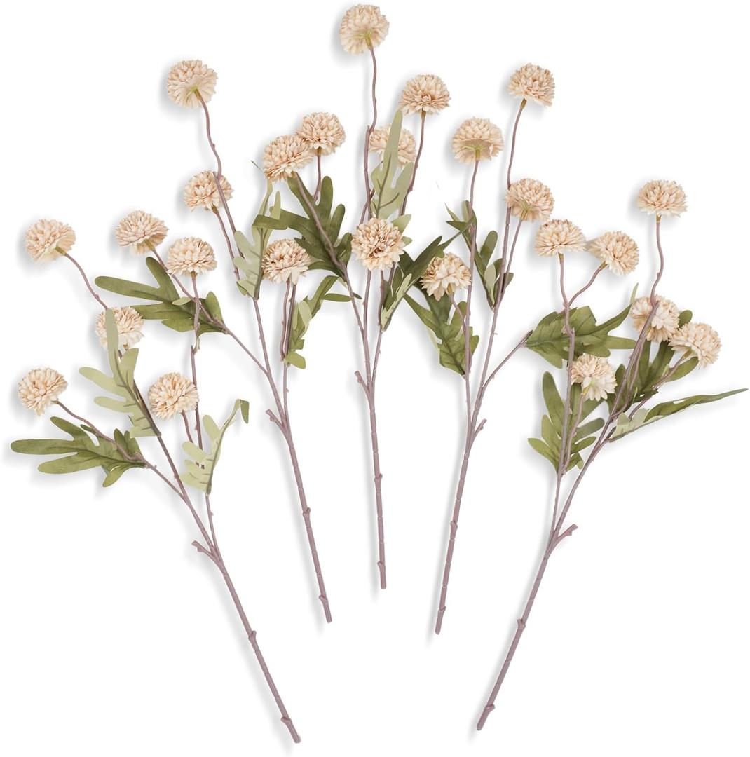 25 Heads Pom Pom Mum Artificial Flowers, 18" Long Stem Faux Silk Chrysanthemum for DIY Fall Wedding Bouquets, Autumn Centerpieces & Rustic Home Decor - Beige