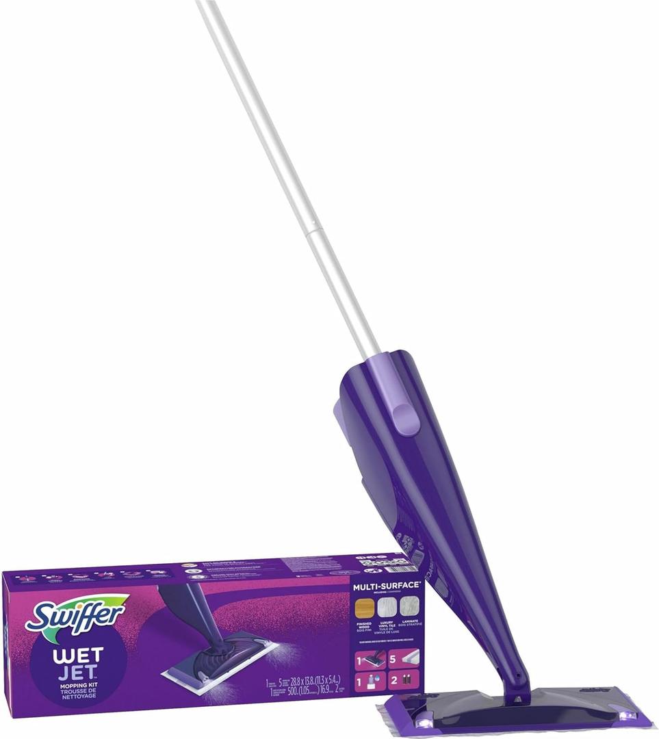 Swiffer Wet Jet Mop, Floor Cleaner for Mopping Wood, Laminate, Tile in Home, Bathroom, Kitchen, All Purpose Multi-Surface Cleaning Set includes 1 Spray Mop, 5 Pads Refill, 1 Fresh Scent Solution