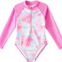 Angel season Girls Long Sleeve Swimsuits One Piece Rash Guard Bathing Suit UPF50+ Toddler Kids Zipper Swimwear Size 2-10 (9-10 Years, Pink Hawaiian)