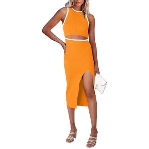 PRETTYGARDEN Women's Summer Midi Bodycon Dresses Casual Crew Neck Side Slit Sleeveless Knit Cut Out Tank Top Dress (X-Large, Z-yellow)