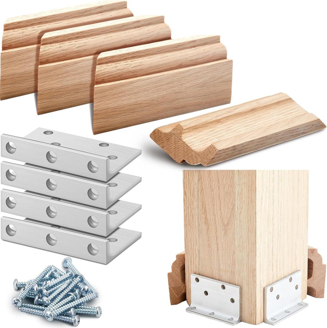 Blulu 1 Set 3-1/2" Newel Post Mounting Kit 4 Pcs L Bracket Metal Post Anchor with 4 Pcs Red Oak Wooden Trim Deck Base Fasteners for Fastening Handrails Balustrades to Stairs and Floors