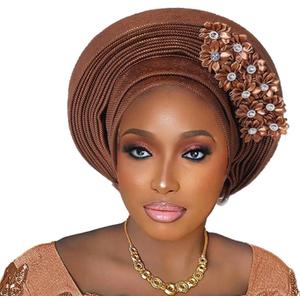Pre-Tied Nigerian Auto Gele Head Tie African ASO Oke Headwrap Handmade Turban Hat Cap for Women Wedding Party (One Size, Brown)
