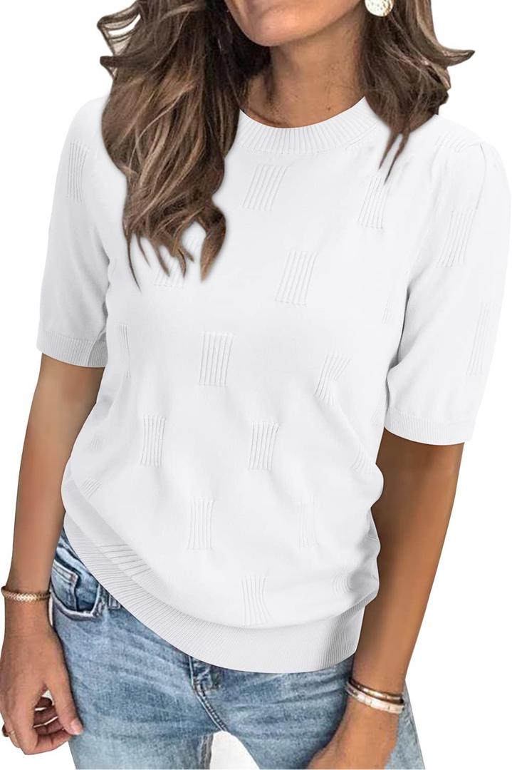Arach&Cloz Women's Fashion Spring Summer Tops 2026 Short Sleeve Sweater Crew Neck Knit Pullover Dressy Easter Shirt Business Casual Work Outfits White XL