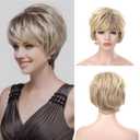 Short Wigs for Middle Age Women Black Mixed Blonde Pixie Cut Wig with Bangs Natural Heat Resistant Wigs for White Women