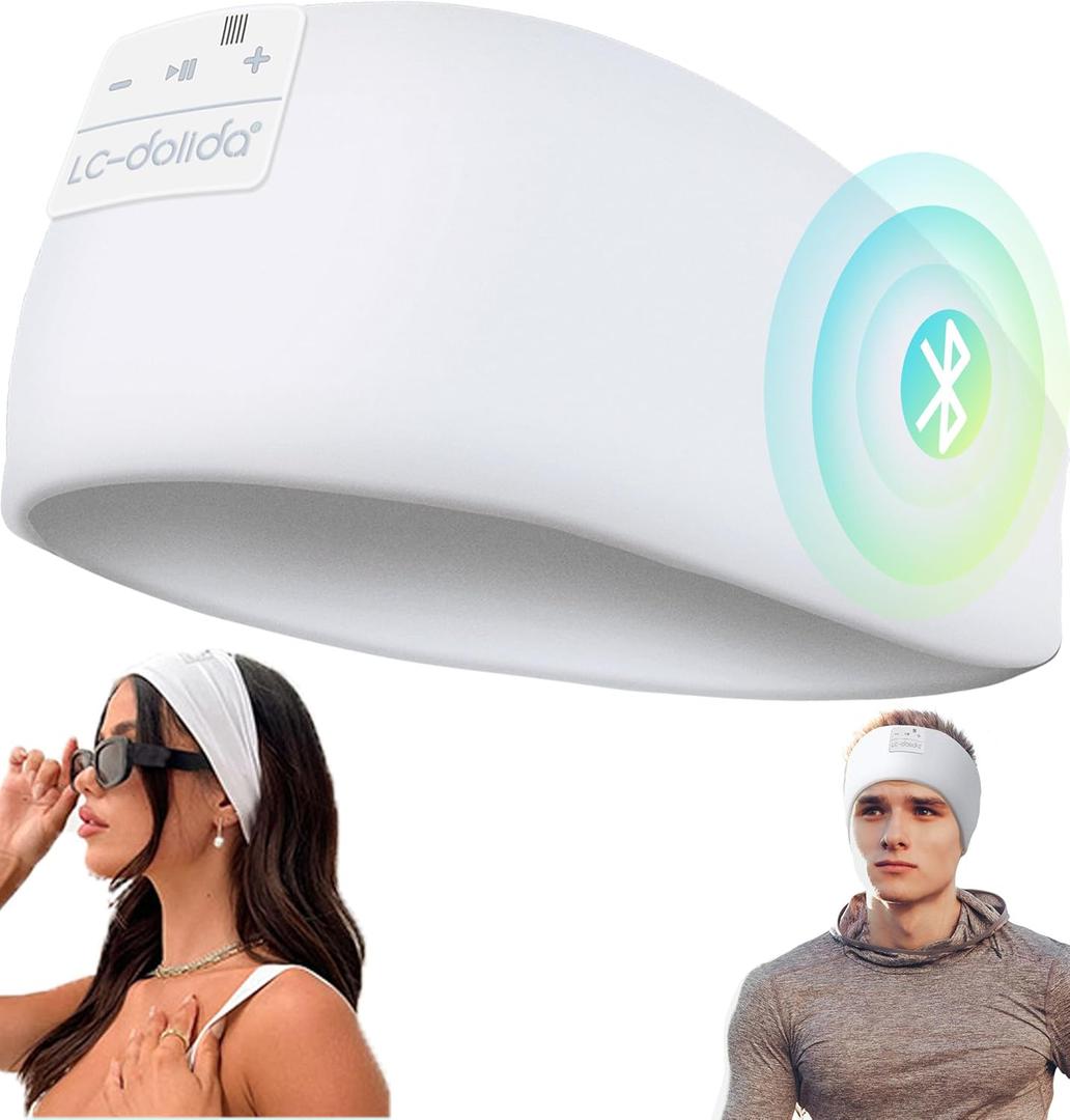 LC-dolida Sleep Headphones Headband Bluetooth 5.4, Headband Earphones Wireless with USB C Charge Port, Sleep Mask for Sleeping, Sports, Gifts, Workout, Jogging, Yoga, Insomnia, Air Travel, Meditation (Arctic White)