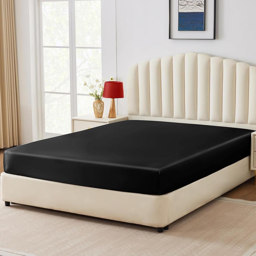 CozyLux Satin Fitted Sheet Twin Size, Black Silky Satin Bed Fitted Sheet Only with Silky Microfiber, Deep Pocket, Single Bottom Sheet Sold Separately, Breathable, Smooth and Soft