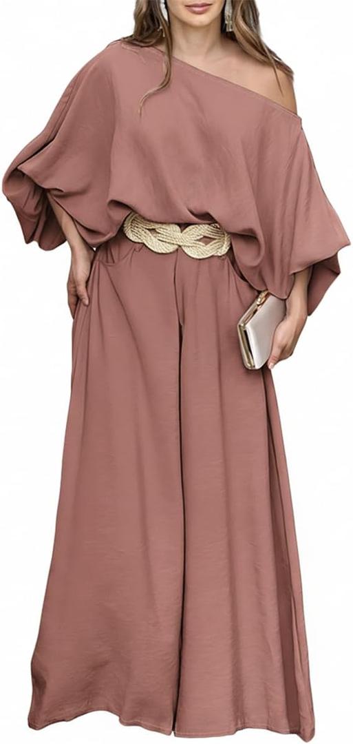 CHICME Women Summer 2 Piece Outfits Off Shoulder Top Flowy Wide Leg Pants Set Vacation Travel Airport Outfits M