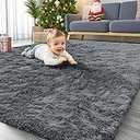 X-Large Modern Shag Area Rugs, 5.3'x7.6' Ultra Soft Fluffy Carpet, Non-Slip  Floor Carpet for Girls, Kids Room Living Room Bedroom Home Holiday Decor,47 * 79 cinchs/Dark Grey