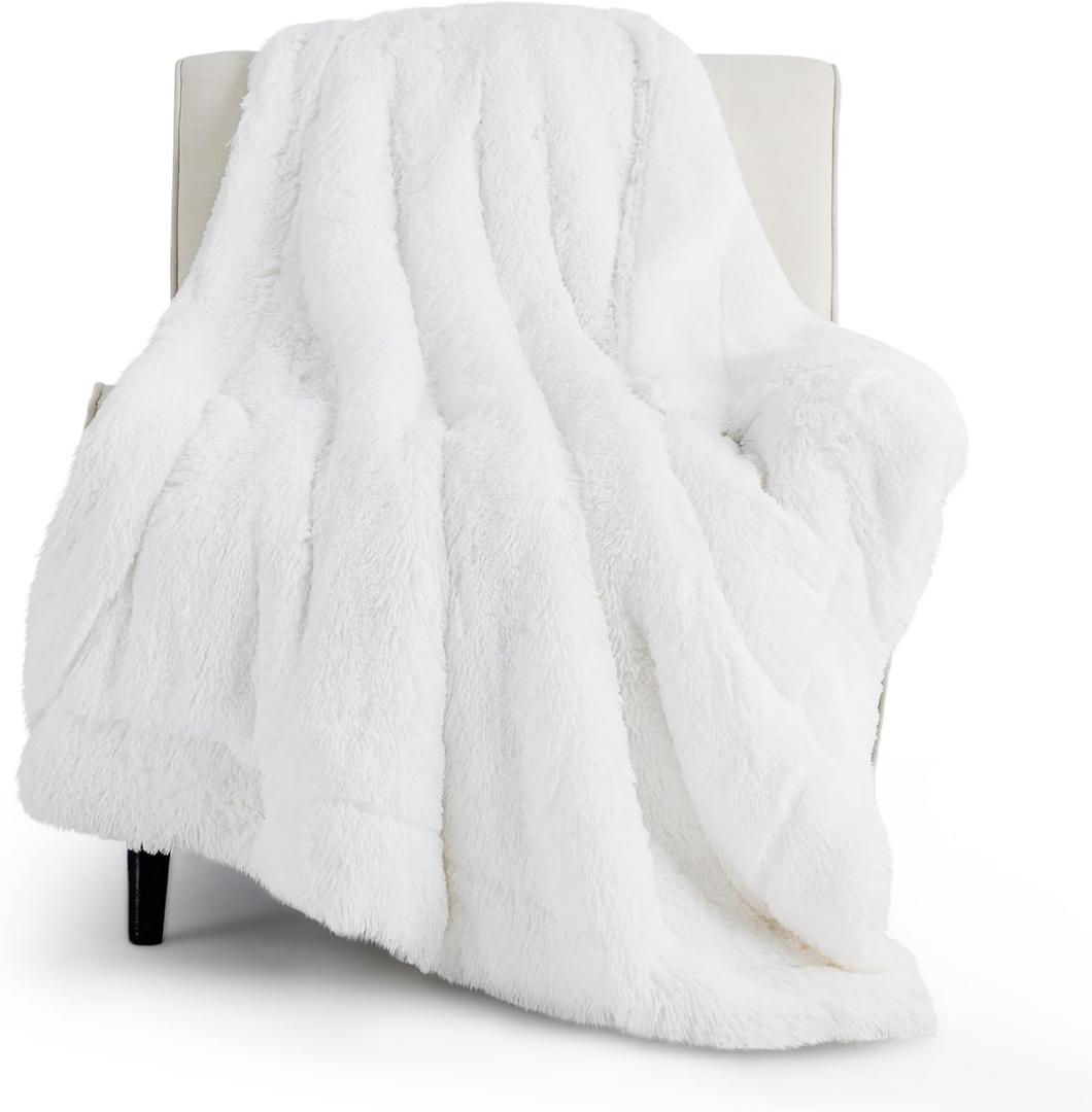 Bedsure Fuzzy Sherpa Faux Fur Twin Blanket White Cozy Gifts for Women Men, Soft Fleece Plush Warm Minky Thick Blanket Twin Size for Bed, Couch, Room Decor Dorm Essentials White Decor Gifts, 60x80