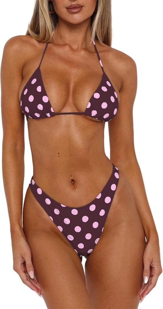Women Polka Dot Bikini Sets Sexy Halter String Triangle High Cut Cheeky 2 Piece Bathing Suit (M)