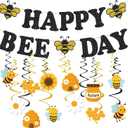 Bee Themed Birthday Party Decorations,Black Glitter Happy Bee Day Banner with Hanging Swirls for Bumble Bee Theme Party Decor Supplies