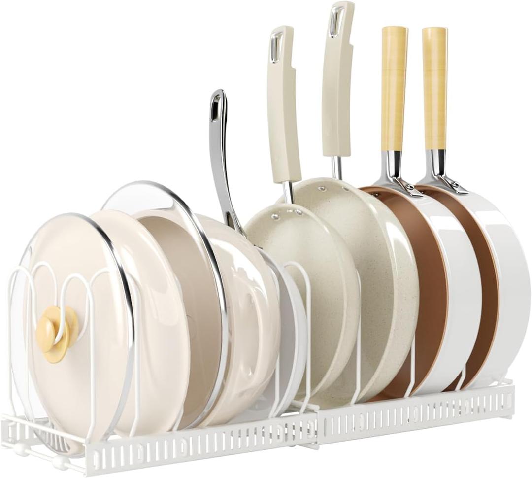 Pots and Pans Organizer under Cabinet,Expandable Pot Lid Organizer Holder with 10 Adjustable Dividers for Kitchen Cabinet Cookware Baking Frying Rack,White