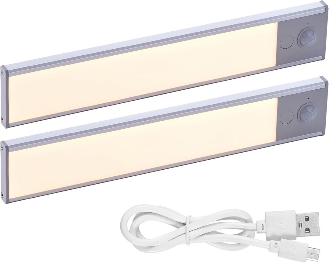PureOptics LED Rechargeable Under Cabinet Lighting, Motion Sensor On/Off, Warm White LED, Stick-On Install for Kitchen & Closets - 2 Bars (Silver)