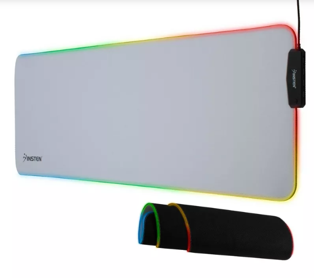 Insten RGB Mouse Pad Gaming XXL Extended, LED Soft Cloth with 4 USB Port Mat, Ergonomic Anti-Slip Rubber Base, White 31.5 x 12 x 0.12 in