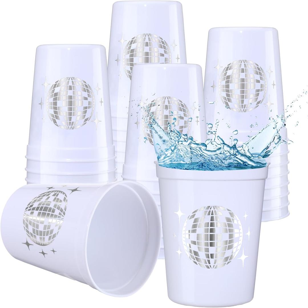 Uiifan 30 Pcs 16 oz Disco Party Cups Reusable Plastic Disco Ball Party Favor Cups for Bachelorette Cowgirl Birthday Wedding Bridal Shower 70s 80s 90s Supplies(White)