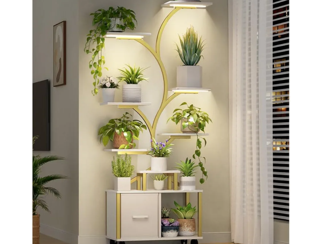 Gujiam Gold Plant Stand Indoor with Grow Light, 9 Tiered Indoor Plant Shelf with Wheels, 65" Tall Plant Stand for Indoor Plants Multiple with Drawer, Plant Flower Holder for Living Room Patio, Balcony