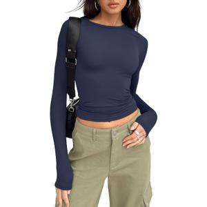 Trendy Queen Womens Long Sleeve Shirts Basic Tees Crop Tops Going Out Spring 2025 Workout Outfits Y2k Clothes (Small, Navy)