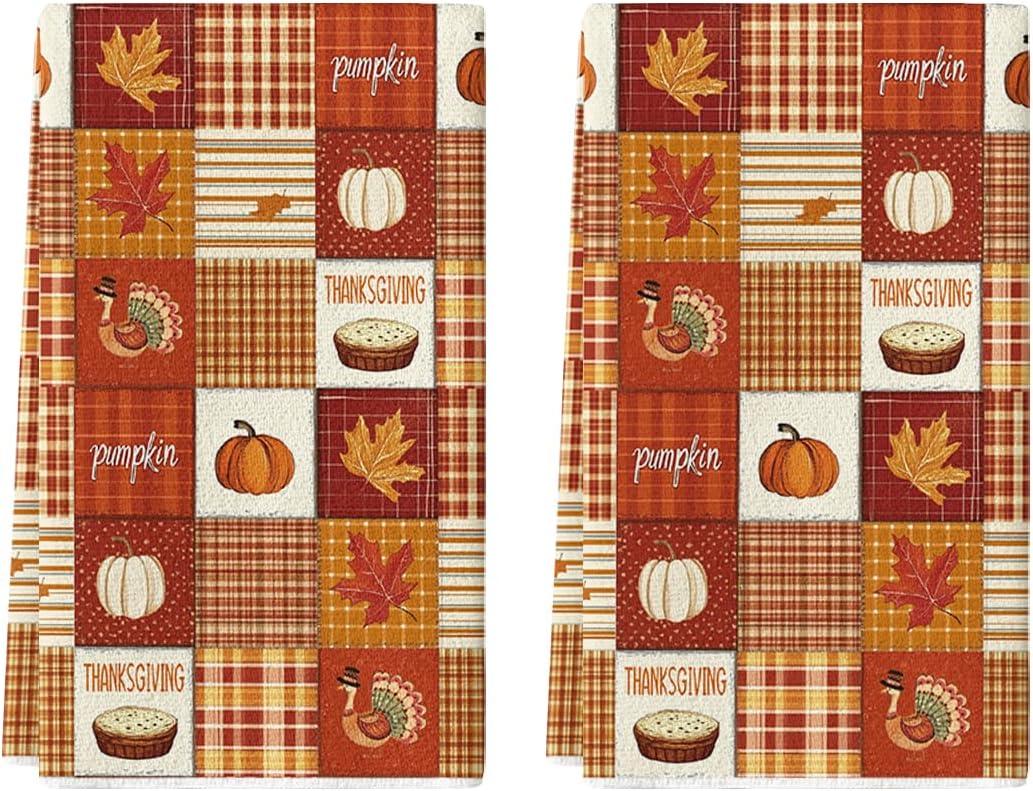Artoid Mode Checkered Stripe Pumpkin Turkey Thanksgiving Kitchen Towels Dish Towels, 18x26 Inch Farmhouse Holiday Decoration Cleaning Set of 2