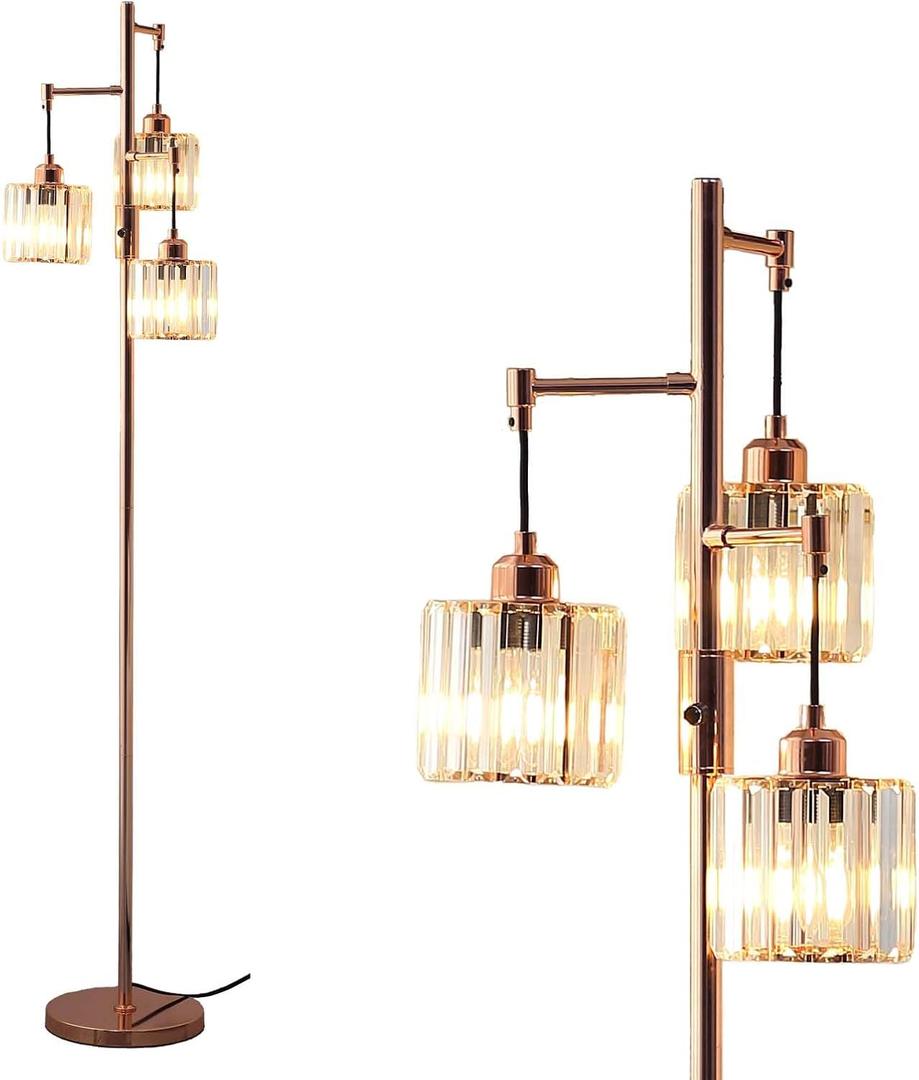 Industrial Floor Lamp,Dimmable Floor Lamp,Gold Tree Lamp Standing Lamp Tall Pole Lamps with 3 Elegant Crystal lampshades for Living Room Bedroom Office, Indoor