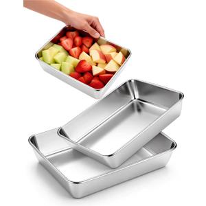 Stainless Steel Baking Pan Set, 3PCS Rectangular Cake & Brownie Pans, Deep Brushed Casserole Dishes, Heavy Duty Oven & Dishwasher Safe, Non-Toxic Bakeware, 8.6", 9.8", 11.8" (Silver)