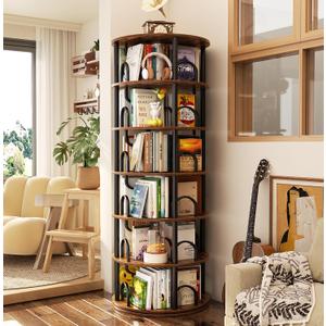 Aheaplus 6 Tier Rotating Bookshelf Tower, Revolving Bookcase, Rustic Brown, 6 Tier, 71" H