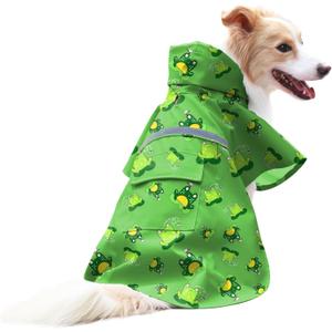 DELIFUR Large Dog Raincoat - Waterproof Dog Rain Poncho Adjustable Double Layer Rain Jacket with Hood for Medium Large Dogs Designed with Leash Hole Reflective Strip(Green Frog, Medium)
