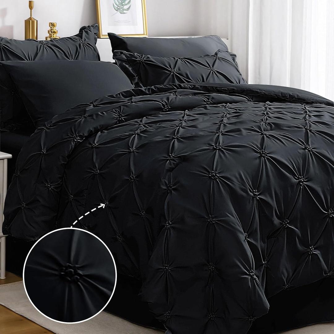 JOLLYVOGUE Black Cal King Size Comforter Sets 7 Pieces, Pintuck Bed in a Bag Comforter Set for Bedroom, Bedding Comforter Sets with Comforter, Sheets, Ruffled Shams & Pillowcases