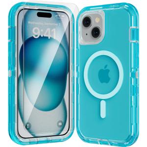 for iPhone 14 Case, Fits Magsafe,Heavy Duty Shockproof Protection Phone Cases with Screen Protector*1, Magnetic Transparent Protective Cover for iPhone 14 6.1 '', Blue