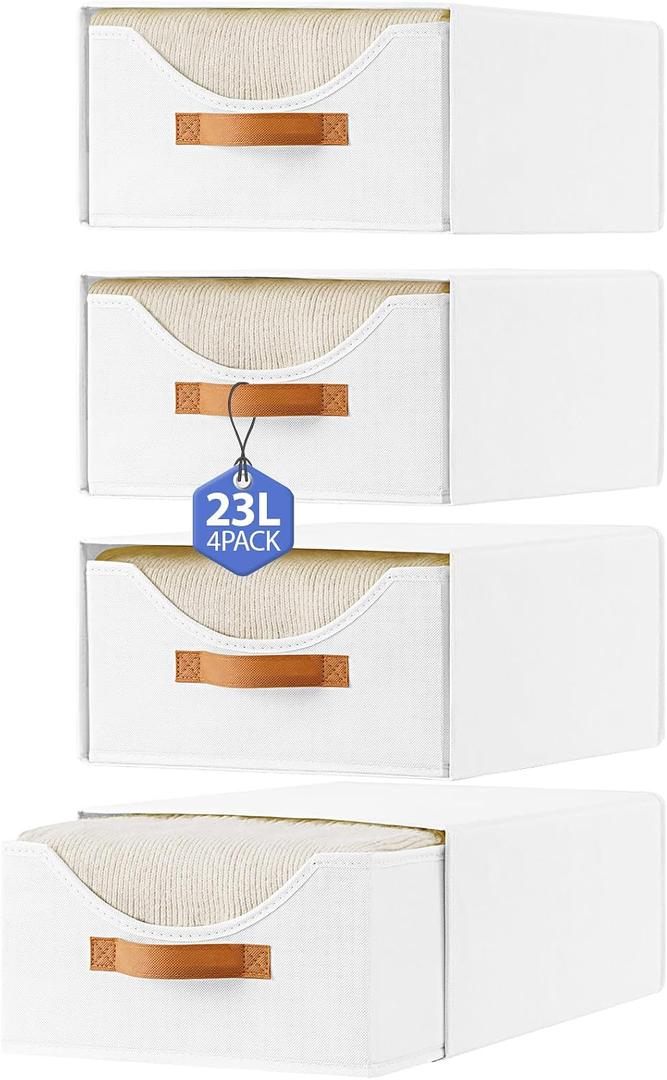 4 Pcs 16.5" Closet Drawers and Large Size Clothes Storage Bins Push-Out Storage Stackable Shelf Drawers with See-Through Window Closet Organizers for Bedroom, Living Room, Under Bed, White
