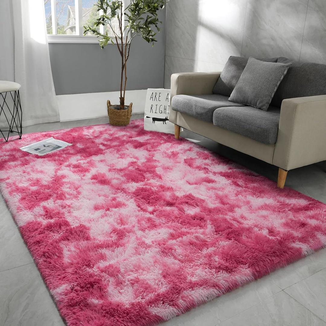 Hutha 6x9 Large Area Rugs for Living Room, Super Soft Fluffy Modern Bedroom Rug, Tie-Dyed Blush Pink Indoor Shag Fuzzy Carpets for Girls Kids Nursery Room Home Decor