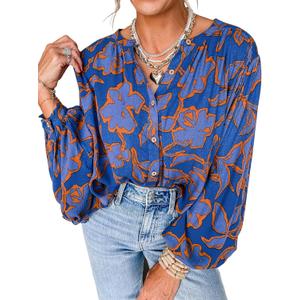 PRETTYGARDEN Women's Floral Button Down Blouse 2026 Fall Fashion Dressy Casual Long Sleeve Shirts Spring Top Boho Clothes (X-Large, Blue)