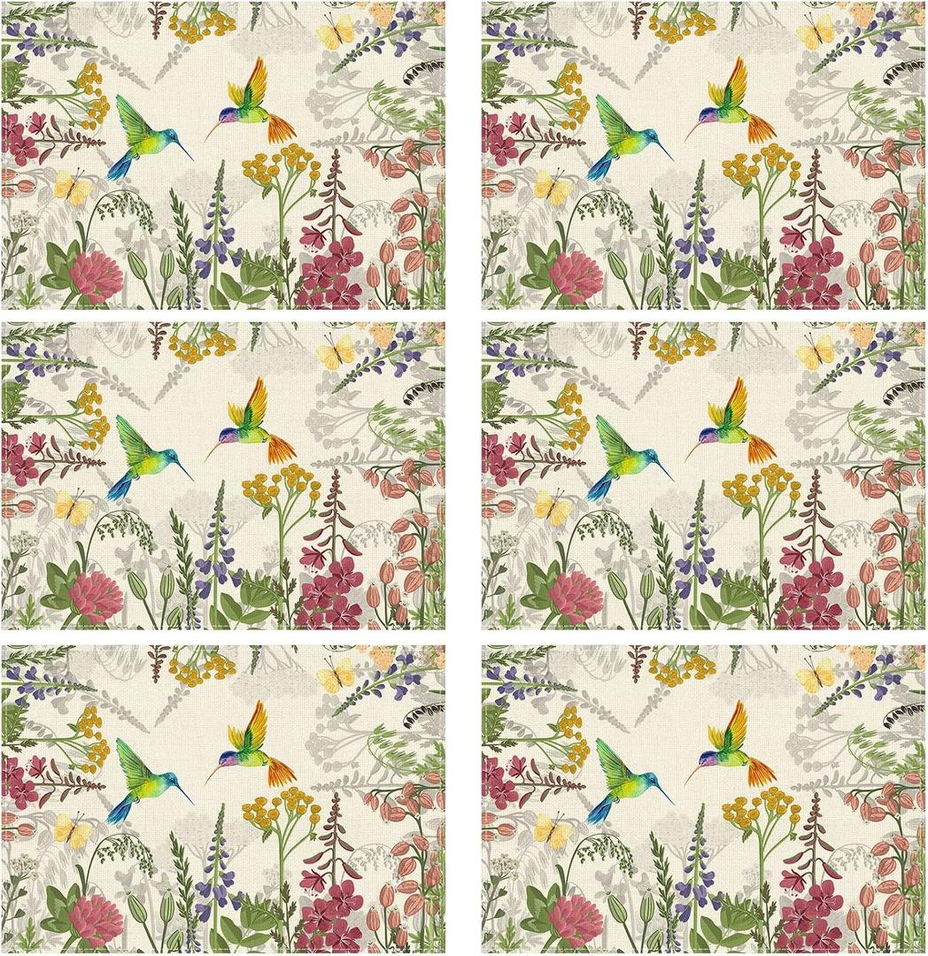 XCHI Wildflowers Grass Hummingbirds Spring Placemats Set of 6 Summer Table Mats for Party Home Kitchen Dining Table Decorations 12x18 Inch