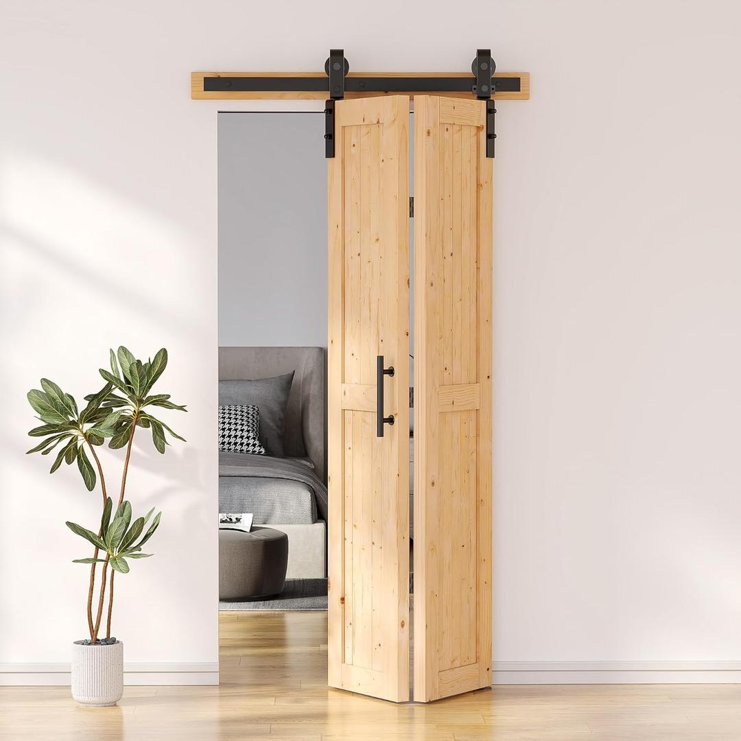 SKYSEN 36" X 84" Bifold Barn Door with 40" Bifold Barn Door Hardware Kit, Including Handle and Pulls, Unfinished Solid Spruce Wood Panel, Pre-Drilled and Assembled(36 * 84-40-fold)